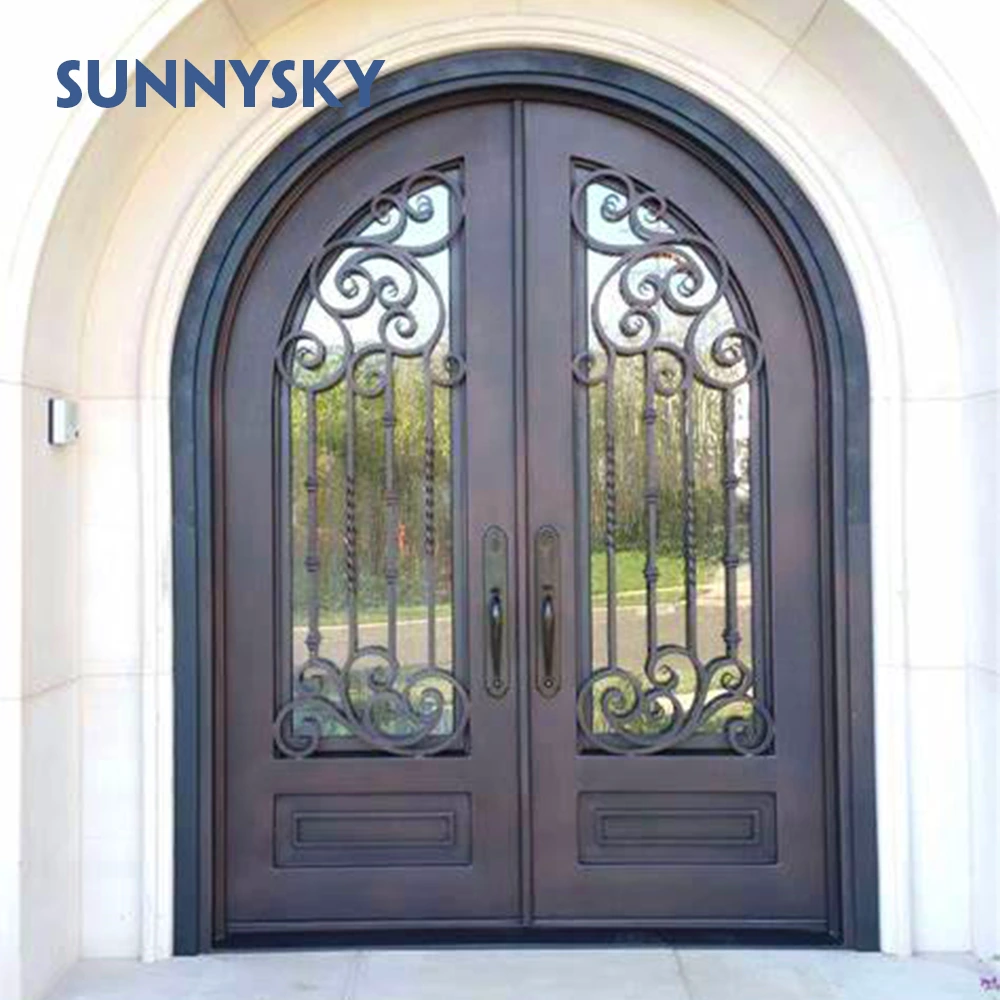 European Security Home Arched Single Double Main Entrance Front Entry Wrought Iron Door Price