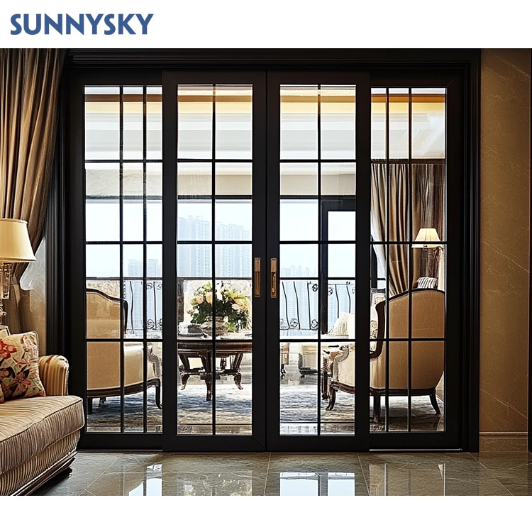 Sunnysky Aluminum French Design Mother and Son Double Open Door Modern Front Hinged Main Entrance Door with Grille Design