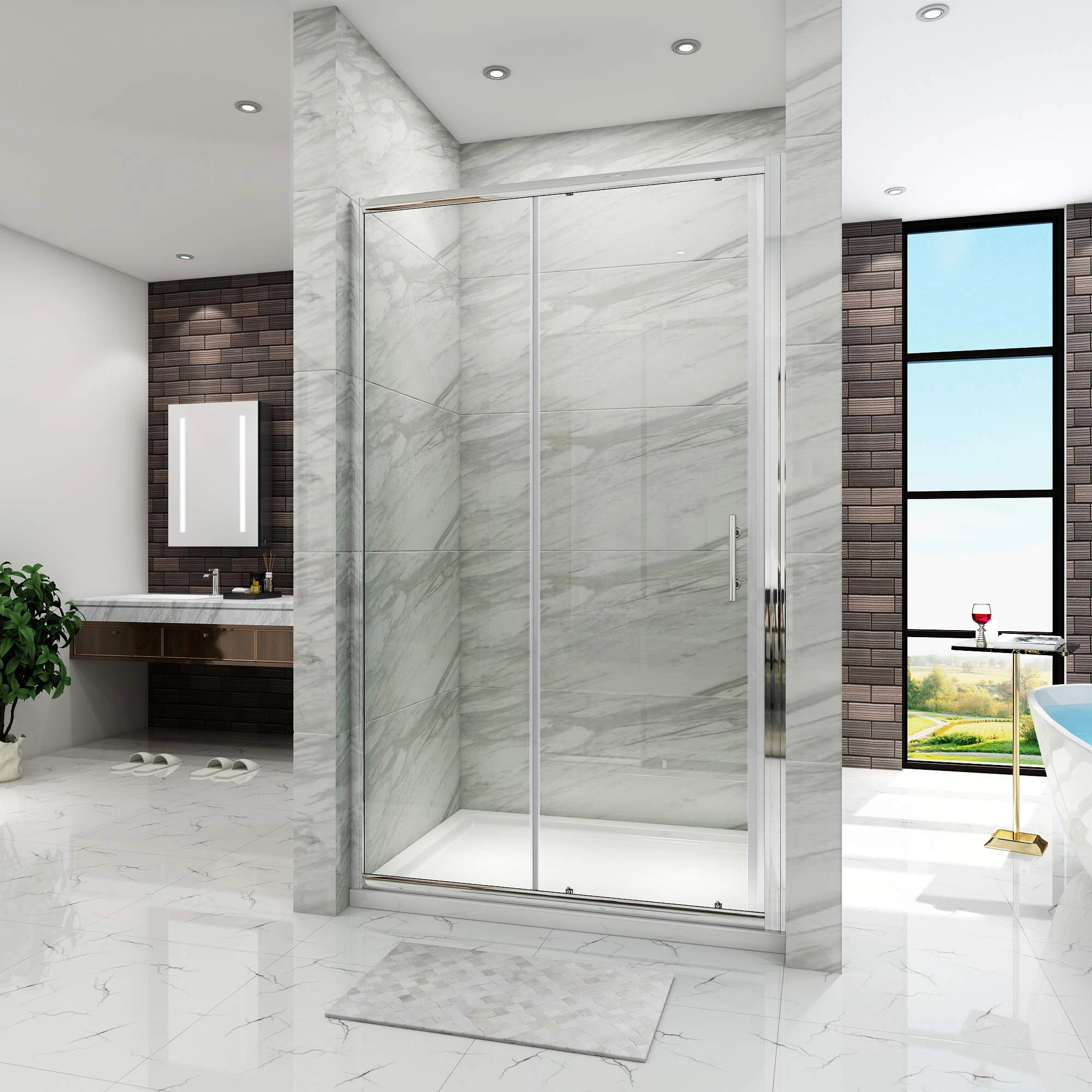 Sunnysky Hotel Sliding Shower Doors Bathroom Enclosure Home Villa Black Aluminum Shower Enclosure Sliding 8mm Glass Shower Door Screen