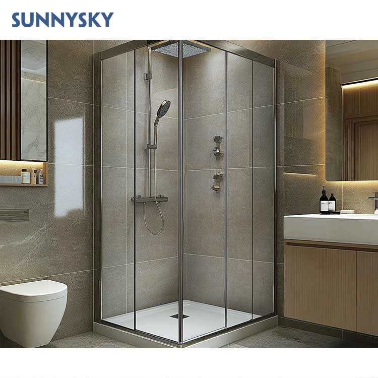 Sunnysky Design Shower Cubicle Bathroom Frameless Free Standing Corner Sliding Door Tempered Glass Shower Enclosure with Base