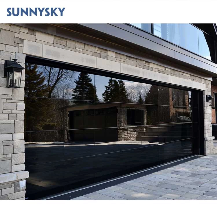 Sunnysky American Contemporary Customized House Black Frameless 8x7 16x7 Electric Garage Door With Mirror For Villas