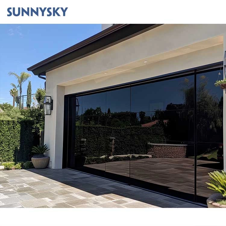 Sunnysky Modern Custom Automatic Overhead Aluminum Sectional Frameless Mirror Black Tempered Glass Garage Doors Windproof Villas