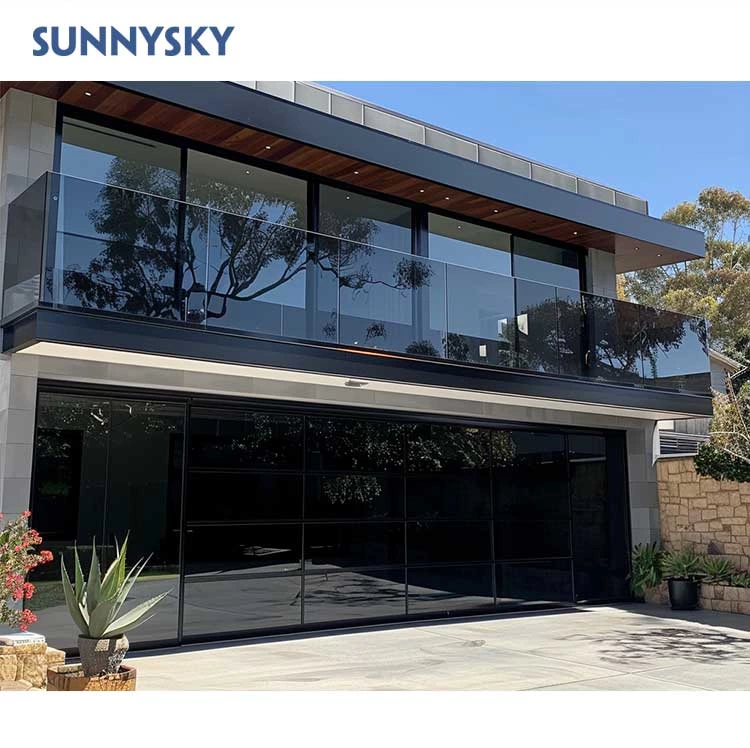 Sunnysky Luxury House Electric Modern Black Frameless Glass Garage Door Overhead Aluminum Alloy Garage Door with Motor
