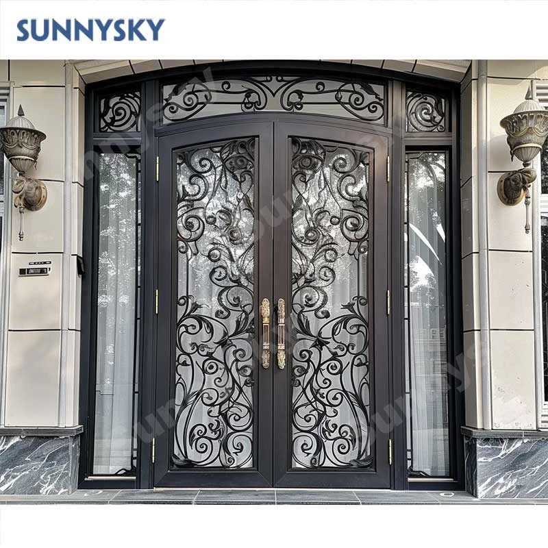 Sunnysky High Quality Luxury Design House Exterior Entrance Security Iron Doors Main Entry Front French Wrought Iron Doors