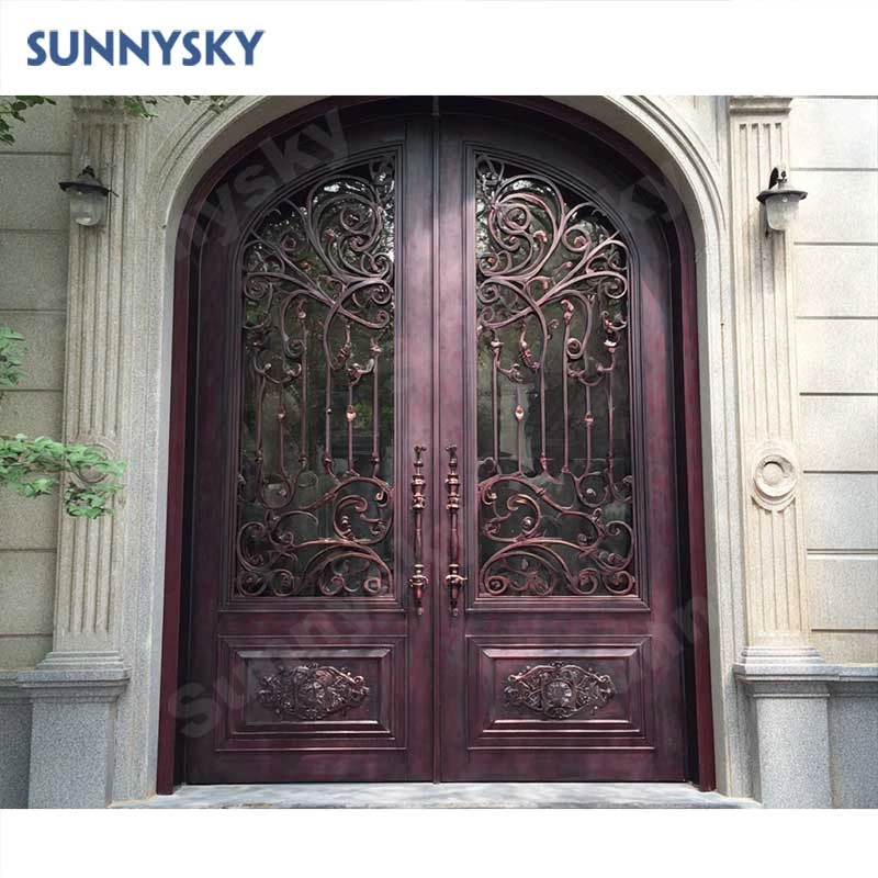 Sunnysky Security Exterior Front Double Entry Black Front Entrance Wrought Solid Iron Glass Door For House
