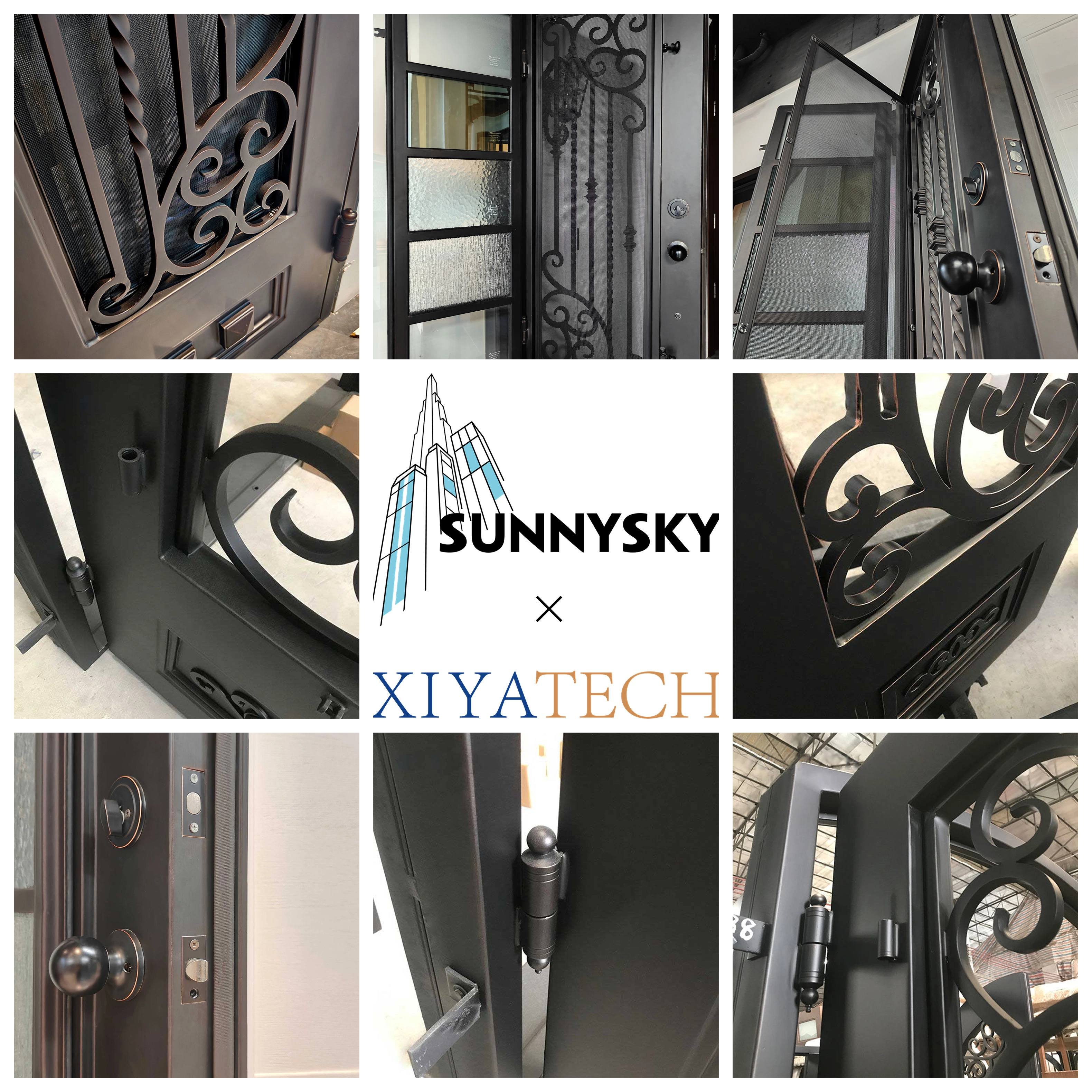 Sunnysky Security Exterior Front Double Entry Black Front Entrance Wrought Solid Iron Glass Door For House