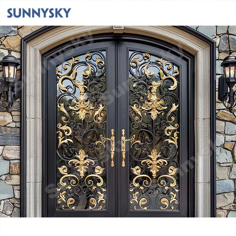 Sunnysky Double Glass Wrought Iron Metal Frame French Style Front Entry Exterior Entrance Modern Design for Home Main Doors