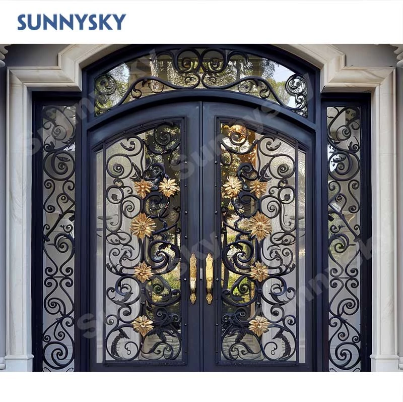 Sunnysky French Arched Double Main Wrought Iron Entrance Doors Iron Exterior Front Entry Security Design Metal Door