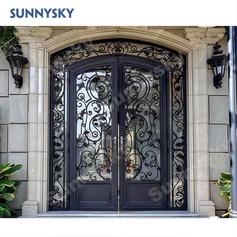 Sunnysky Wholesale Luxury Design Customized Hurricane Impact Wrought Iron Door Main Double Exterior Front Entry Doors