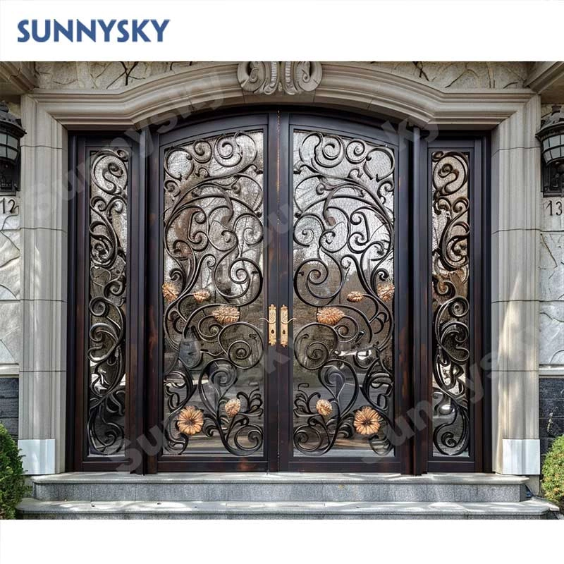 Sunnysky Modern Entrance Steel Door Superior Quality Aluminum Wrought Iron Glass Finished Surface Manual for Villas Made China