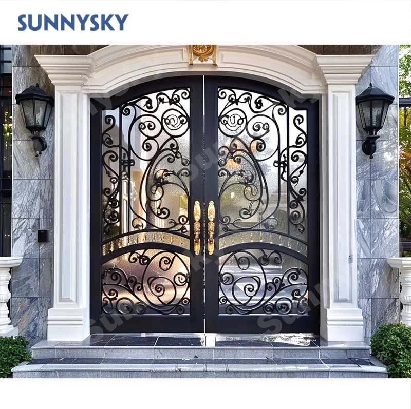 Sunnysky High Quality Durable Fashion Safety Energy Efficiency Front Entry Double Glazed Glass Black Wrought Iron Door