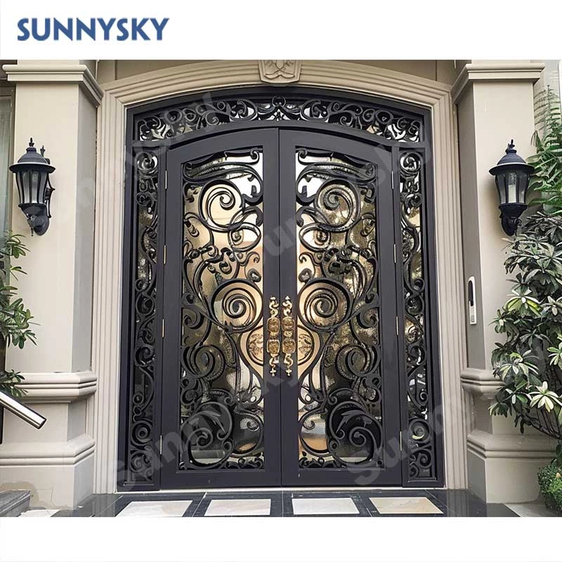 Sunnysky French Retro Classic Thermal Break Arched Main Wrought Iron Door with Double Tempered Glass for House Villa