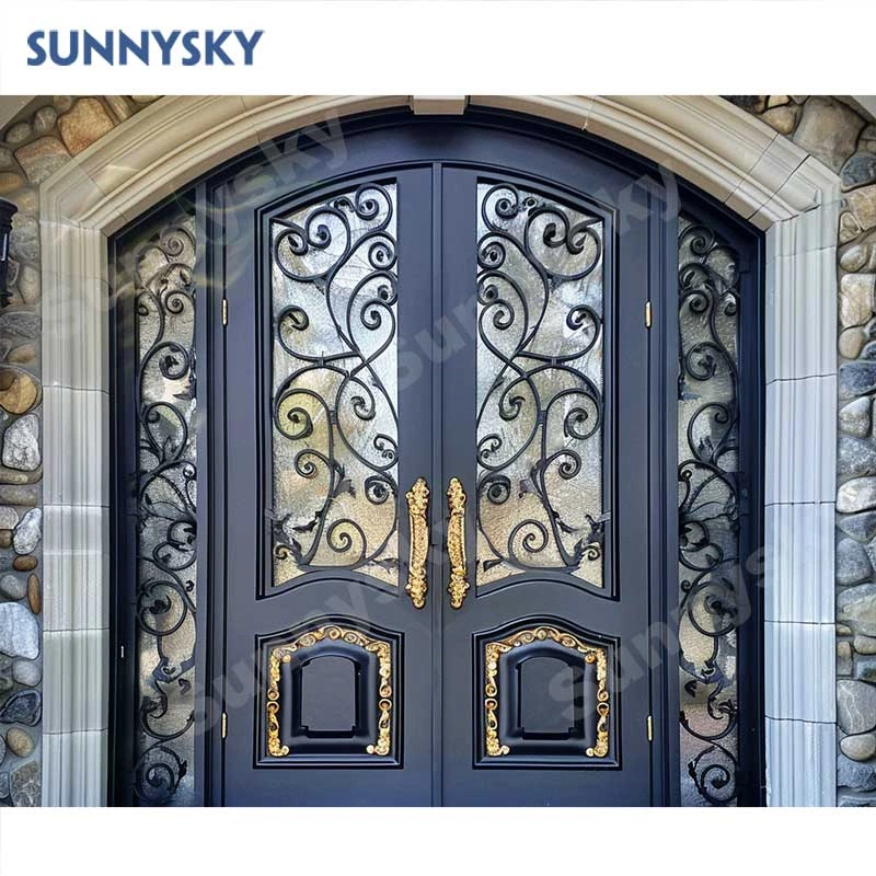 Sunnysky French Style Retro Customized Size Tempered Glass Double Casement Arch Wrought Iron Doors and Window for Villa